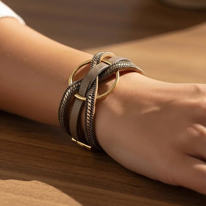 Edoneery Leather Wrap Bracelets for Women, Boho Layered Cuff Bangle | Multi-layer Leather Cuff, Daily wear, Stackable Bangle, Easy on-off, Western Jewelry Gifts for Women - color: Brown-5