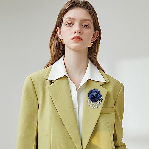 Wool Camellia Flower Pearl Tassel Brooches Pins Delicate Flowers Brooch Classic for Wedding Party Dance Banquet for Women Dainty Elegant Lapel Pins Dress Suit Accessories - color: Blue