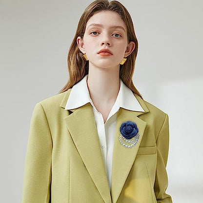 Wool Camellia Flower Pearl Tassel Brooches Pins Delicate Flowers Brooch Classic for Wedding Party Dance Banquet for Women Dainty Elegant Lapel Pins Dress Suit Accessories - color: Blue