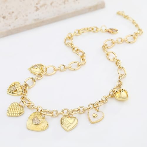 Charm Necklace for Women Gold Evil Eye Sun Moon Flower Coin Pendant Necklace Dainty Paperclip Chain Vintage Luck Amulet Choker Necklaces Celestial Jewelry Gift - style: 7 Charms- Heart,Evil Eyes