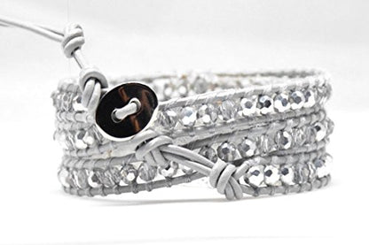 Crystals Wrap Bracelet Genuine Leather Handmade 5 Multilayer 4mm Beads Woven Bangle