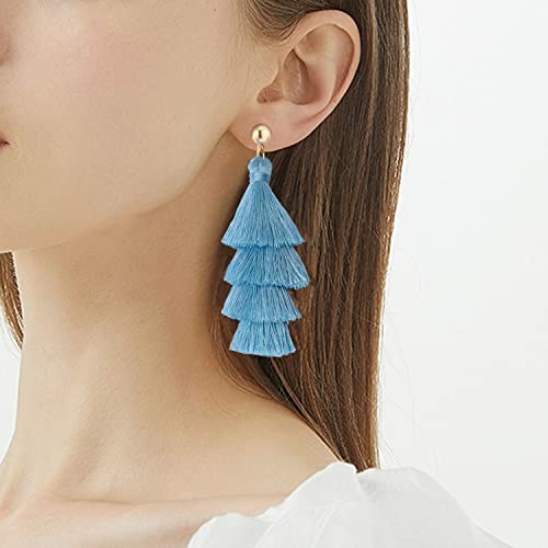 BaubleStar Bohemian Layered Tassel Drop Earrings for Women | Lightweight Statement Party Festival Jewelry - color: Sky Blue