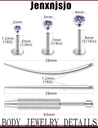 Jenxnjsjo F136 Titanium 20/18/16g Earrings Nose Lip Rings Studs Labret Medusa Tragus Helix Conch Cartilage Piercing Jewelry for Women - color: Purple, size: 16g