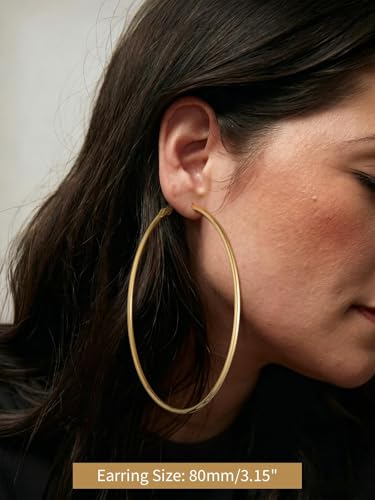 FindChic Thin Hoop Earrings for Women,Silver/Black/Gold Plated 20-100mm - color: Gold, size: 80mm