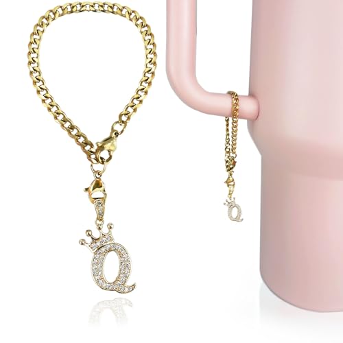 Cup Charms for Stanley Handle- Crown Letter Charms Accessories for Stanley Handle 40 Oz Tumblers Gold Initial Keychain Water Bottle Cup with Diamond Glitter Jewelry Personalized Decorations Q - color: Letter Q