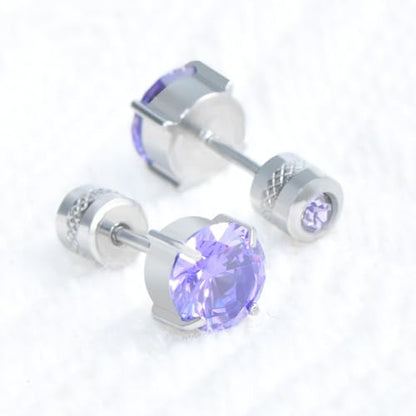 Titanium Flat Back Surgical Stainless Steel Stud Earrings for Women Men,Birthstone Stud Earrings Hypoallergenic Double Side 5A Cubic Zirconia Studs Jewelry 6mm - color: Silvery-Purple Cz