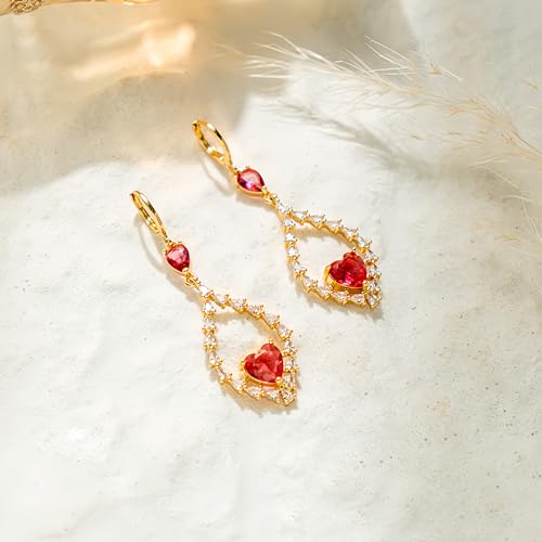 18K Gold Plated Flower Dangle Earrings for Women, Hypoallergenic Cubic Zirconia Earrings, Elegant CZ Drop Earrings, Statement Jewelry Gifts Party Fashion - style: OBS7508-Red