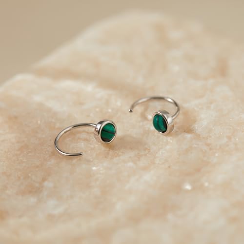 CHIC & ARTSY 925 Sterling Silver Half Hoop Earrings for Women, Dainty Huggie Hoops with Synthetic Opal, Moonstone, CZ & Gemstones, Lightweight Comfort Fit Everyday Elegant Jewelry - color: Synthetic Malachite/Silver