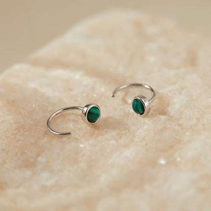 CHIC & ARTSY 925 Sterling Silver Half Hoop Earrings for Women, Dainty Huggie Hoops with Synthetic Opal, Moonstone, CZ & Gemstones, Lightweight Comfort Fit Everyday Elegant Jewelry - color: Synthetic Malachite/Silver