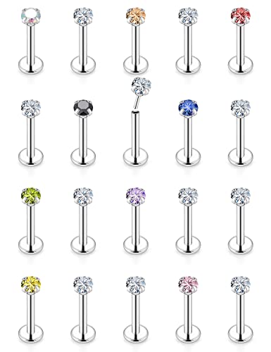 16G 18G 20G Threadless Push in Lip Rings Stainless Steel Flat Back Nose Rings Studs Tragus Helix Conch Cartilage Lobe Earrings Stud Piercing Jewelry for Women Men Diamond CZ Silver 20PCS - color: 18G-8MM Length-3MM CZ
