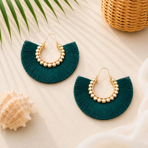 Tassel Hoop Earring Statement Thread Dangle Earrings Stylish Long Fringe Drop Earrings Lightweight Long Swingy French Hook Earrings for Women - color: C Dark Green