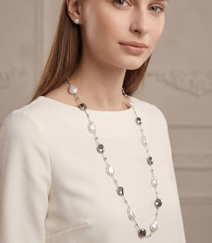 Errally Long Pearl Necklace and Earring Set Layered Pearl Beaded Necklaces for Women White Costume Jewelry Sets Gifts for Mom - color: 14-Silver
