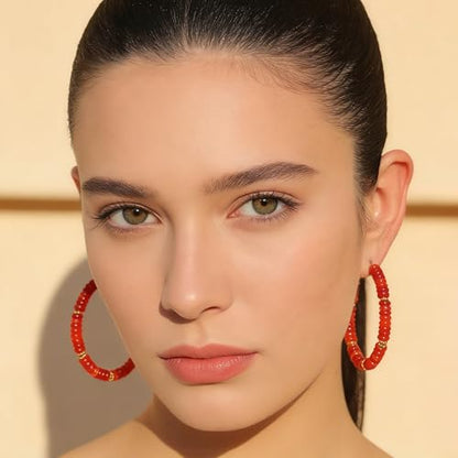 Wellike Beaded Hoop Earrings for Women Natural Stone Pink Gold Huggie Earrings Hypoallergenic Dainty Waterproof Trendy Jewelry - color: Red, size: 55mm