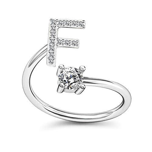 FUTIMELY Initial Letter Ring Alphabet Ring A-Z Silver Crystal Open Adjustable Personalized Initial Ring for Women - style: F