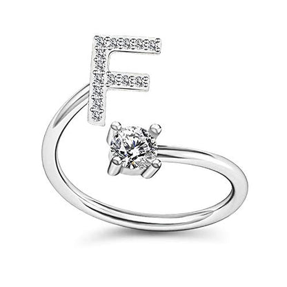 FUTIMELY Initial Letter Ring Alphabet Ring A-Z Silver Crystal Open Adjustable Personalized Initial Ring for Women - style: F