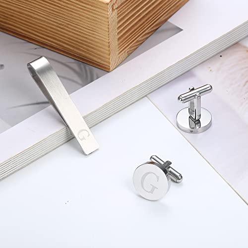 Initial Cuff Links Mens and Tie Clips for Men | Classic Silver Letter Alphabet A-Z Cufflinks and Tie Bar Set, Gifts for Men Father Husband for Formal Business Wedding - style: G