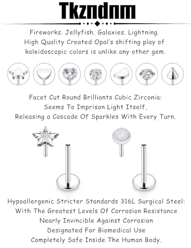 Threadless Noses Rings, Flat Back Earrings, 20/18/16g-Gauge 5/16in-Post 3mm-Top, Hypoallergenic Surgical Steel Medusa Lip Labret Cartilage Helix Tragus Conch Piercing Jewelry for Women Men - color: White, size: 20g*8mm