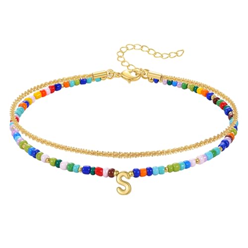 KissYan Initial Ankle Bracelets for Women | Layered Colorful Beaded Anklet with 14K Gold Chain, Waterproof Dainty Jewelry Gift for Summer Beach - style: S