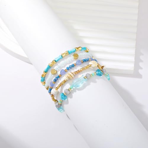 Dainty Gold Plated Pearl Crystal Beaded Bracelets Set for Women 14K Gold Plated Bead Pearl Beads Bracelet Stackable Paperclip Link Chain Bracelets Gold Plated Bracelets for Women Trendy Jewelry - color: Style6 Blue