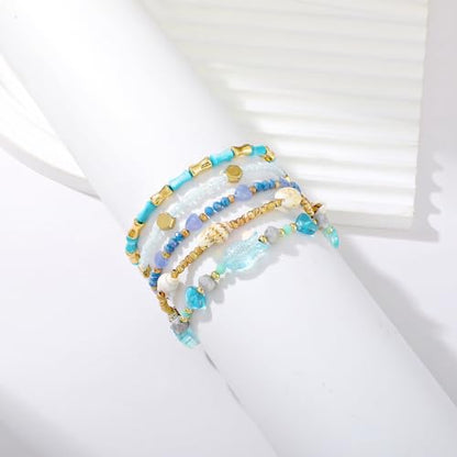 Dainty Gold Plated Pearl Crystal Beaded Bracelets Set for Women 14K Gold Plated Bead Pearl Beads Bracelet Stackable Paperclip Link Chain Bracelets Gold Plated Bracelets for Women Trendy Jewelry - color: Style6 Blue
