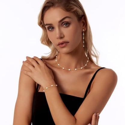 Zeffy Gold Pearl Necklace for Women, Dainty 14K Gold/Silve Plated Layered Pearl Choker Pearl Earrings Pearl Bracelets Wedding Trendy Gold Jewelry Set for Women Gifts - style: Gold Pearl Choker&Drop Earring&Bracelet-3PCS