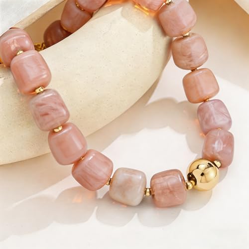 Colorful Statement Chunky Beaded Necklace for Women Trendy Y2K Boho Choker | Large Square Resin Beads Bold Summer Vacation Jewelry - color: Pink
