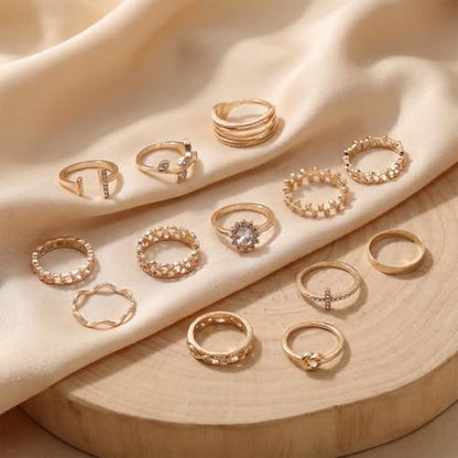 42-Piece Gold Tone Stackable Ring Set for Women, Boho Minimalist Stacking Rings with Crystal & Heart Accents, Adjustable Open Band Jewelry for Daily Wear - style: TZJ-003350-01
