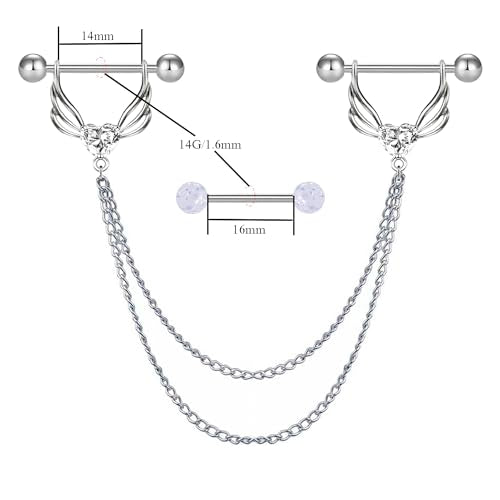 VERAMI 14G 316L Double Chain Connecting Heart CZ Nipple Rings Stainless Steel Skull Angel Piercing Barbell Body Pierced Jewelry for Women - color: Silver-B