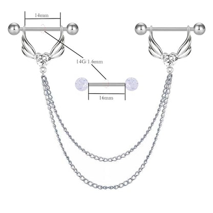 VERAMI 14G 316L Double Chain Connecting Heart CZ Nipple Rings Stainless Steel Skull Angel Piercing Barbell Body Pierced Jewelry for Women - color: Silver-B
