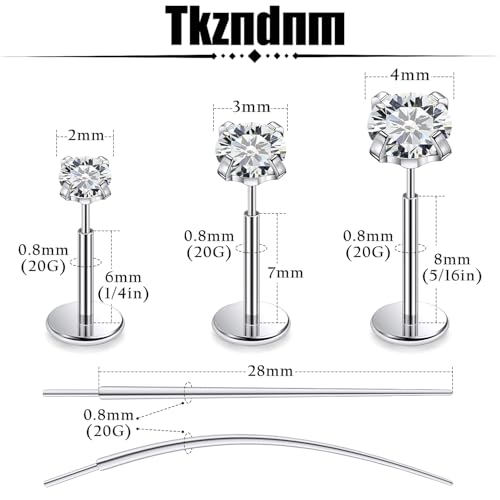 F136 Titanium 20/18/16G Earrings Nose Lip Rings Medusa Tragus Cartilage Helix Labret Flat Back Threadless Implant Grade Stud Piercing Jewelry for Women - color: White CZ, size: 20g*6/7/8mm*2/3/4mm
