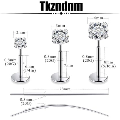 F136 Titanium 20/18/16G Earrings Nose Lip Rings Medusa Tragus Cartilage Helix Labret Flat Back Threadless Implant Grade Stud Piercing Jewelry for Women - color: White CZ, size: 20g*6/7/8mm*2/3/4mm