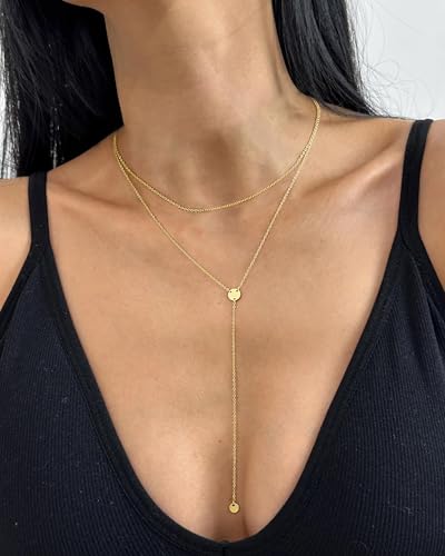 Yoosteel Long 14K-Gold-Plated Necklace for Women,Layered Lariat Necklaces | Dainty Y Drop Necklaces, Western Necklace Stack,Simple Bar Heart Circle Pendant,Prom Choker Chain Jewelry,Trendy Gifts - color: Layered Disc Y-Shaped Necklace