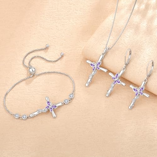 Cross Necklace for Women 925 Sterling Silver Butterfly Necklace Birthstone Pendant Created Gemstone Jewelry Gifts for Women - color: 02 February - Amethyst
