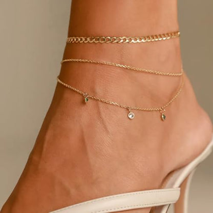 Waterproof Ankle Bracelets for Women Gold Anklets Non Tarnish Pearl/Figaro/Cuban/Snake Chain Anklet Adjustable Anklets for Womens Summer Beach Anklet Foot Jewelry for Women Gift - color: Cuban Chain-Gold