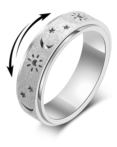 Fidget Toys Adults Anxiety Ring Women Men Stress Relief Band Spinner Sun | Celestial Sun Moon Star Stainless Steel Band Hollowed Sandblasted Surface 6mm Width18K Gold Silver Size 6-10 Unisex - color: Silver, size: Size 7