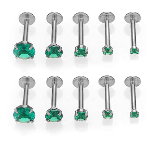 10Pcs 16G Emerald CZ Stainless Steel Lip Rings Internally Threaded Labret Lip Studs Monroe Medusa Piercing Jewelry Conch Helix Cartilage Studs Earrings 6mm 8mm 10mm - color: Silver, size: 6mm