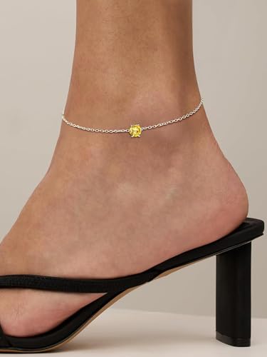ChicSilver 925 Sterling Silver Anklets for Women, Simple Dainty Round/Heart Birthstone Ankle Bracelet Beach Foot Jewelry, 8.7-10.7 Inch Adjustable - color: 11. Round - November(Yellow Topaz)