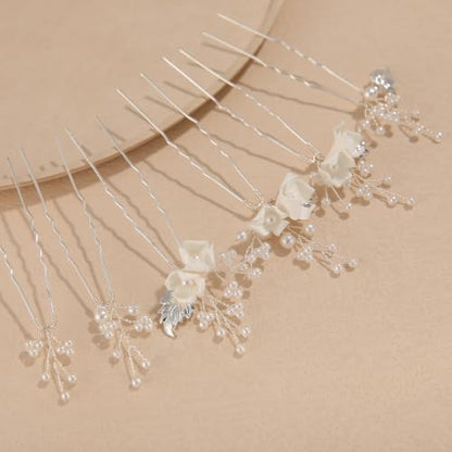 Handmade Pearl Bridal Hair Pins Wedding Hair Accessories for Women Brides Bridesmaid - color: Silver/Pearl White Flower