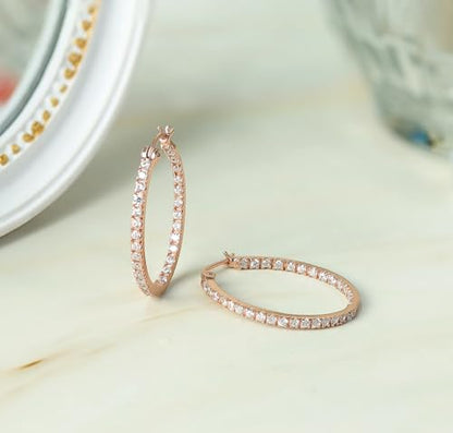 Hoops & Loops 925 Sterling Silver Cubic Zirconia Inside Out Oval Hoop Earrings for Women, 20mm 25mm 30mm - color: 20mm-Rose Gold