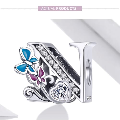 S925 Silver Butterfly Initial Letter Charms Fit for Pandora Charms Bracelets and Necklace Alphabet Bead Charms Jewelry Gifts for Women - color: N