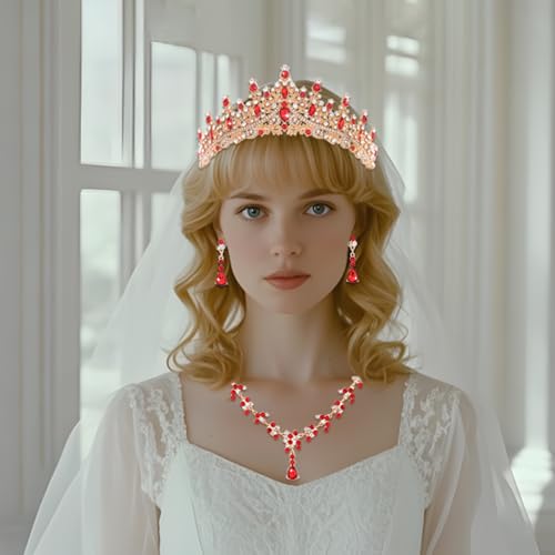 Crystal Crown and Tiara Jewelry Set for Women Bride with Necklace Earrings | Metal Rhinestone Royal Queen Princess Jewelry Set Wedding Quinceanera Pageant Prom Birthday Halloween Party Costume Gift - color: Red