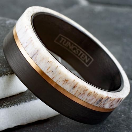 King's Cross Exquisite 6mm/8mm Brushed Finish Black Tungsten Carbide Flat Band Ring with Rose Gold Stripe and Raw Speckled White Deer Antler Inlay, (CNE556)