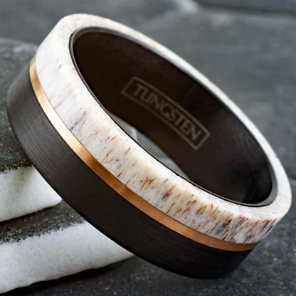 King's Cross Exquisite 6mm/8mm Brushed Finish Black Tungsten Carbide Flat Band Ring with Rose Gold Stripe and Raw Speckled White Deer Antler Inlay, (CNE556)