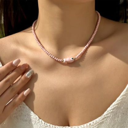 Seed Bead Choker Necklace for Women Bohemian Tiny Beads Choker Colorful Rice Bead Starfish Choker Summer Surfer Beach Necklace Jewelry Gift - color: D-Pink Fish