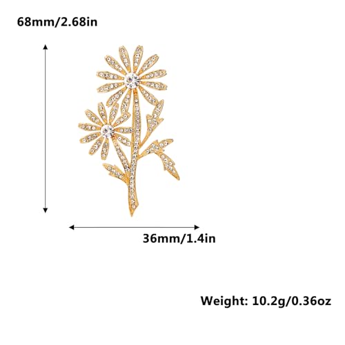 Crystal Brooch Vintage Floral Gold Pin Micro Pave Daisy/Tulip Rhinestone Embellishment for Women Holiday styles.