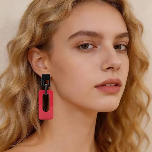 Boho Lightweight Retro Simple Acrylic Splicing Rectangle Earrings for Women Creative Exaggerated Statement Dangle Drop Earrings Jewelry - color: Black PInk