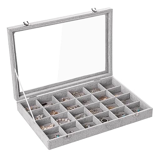 Frebeauty 24 Grid Earring Organizer,Velvet Jewelry Tray with Clear Lid | Drawer Jewelry Organizer for Rings Studs Brooch,Adjustable Divider,Dustproof Design,Earring Storage,Trinket Box,13.8×9.5Inch - color: Grey, size: 24 Grid