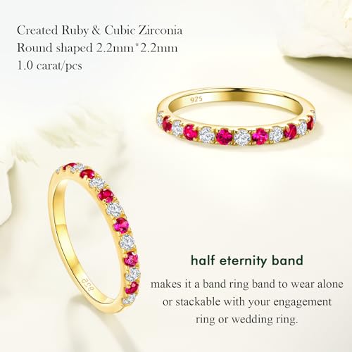 Birthstone Rings Eternity Band 925 Sterling Silver/Yellow Gold-Plated Created Gemstone Stackable Wedding Band 2.7mm Thin Half Eternity Rings for Women Size 6 to 10 - color: 07-Ruby-Jul.