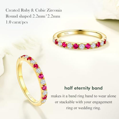 Birthstone Rings Eternity Band 925 Sterling Silver/Yellow Gold-Plated Created Gemstone Stackable Wedding Band 2.7mm Thin Half Eternity Rings for Women Size 6 to 10 - color: 07-Ruby-Jul.