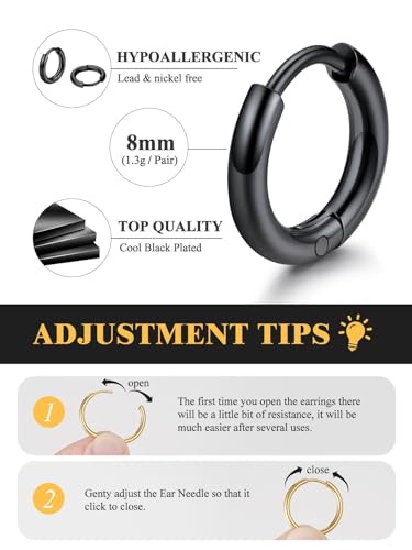 Small Hoop Earrings for Women 7-16mm Stainless Steel Huggie Earrings Lightweight - color: b. Black A, size: Diameter 8mm